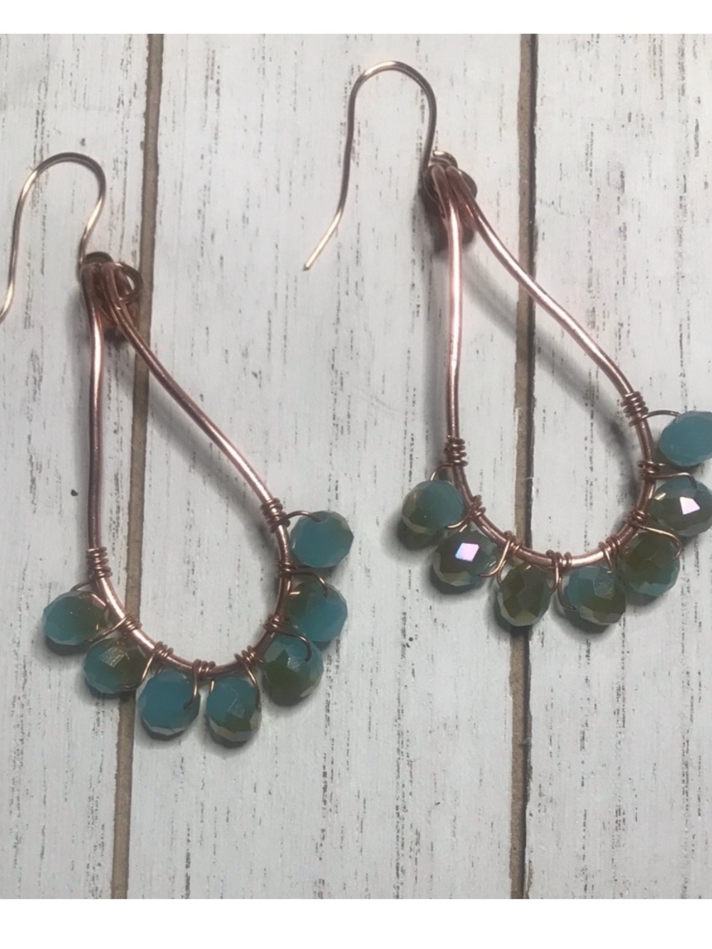 Teal Bead Copper Teardrop Dangle Earrings